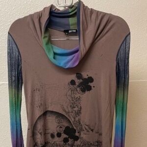 2026 French_Okazio full sleeve top w/Cowl neck top and multicolored mesh sleeves